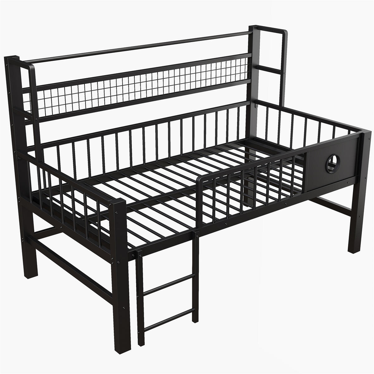 KINDEREINZELBETTEN aus Metall 90x200 cm in Schwarz mit Sicherheitsgitter & Stauraum - Schwarz, Metall (90/200cm) - Modfu