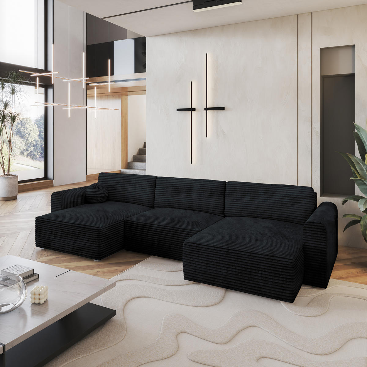 WOHNLANDSCHAFT FENTO Schwarz Kordstoff mit Schlaffunktion - Schwarz, Holz (347/90/148cm) - MASSENO