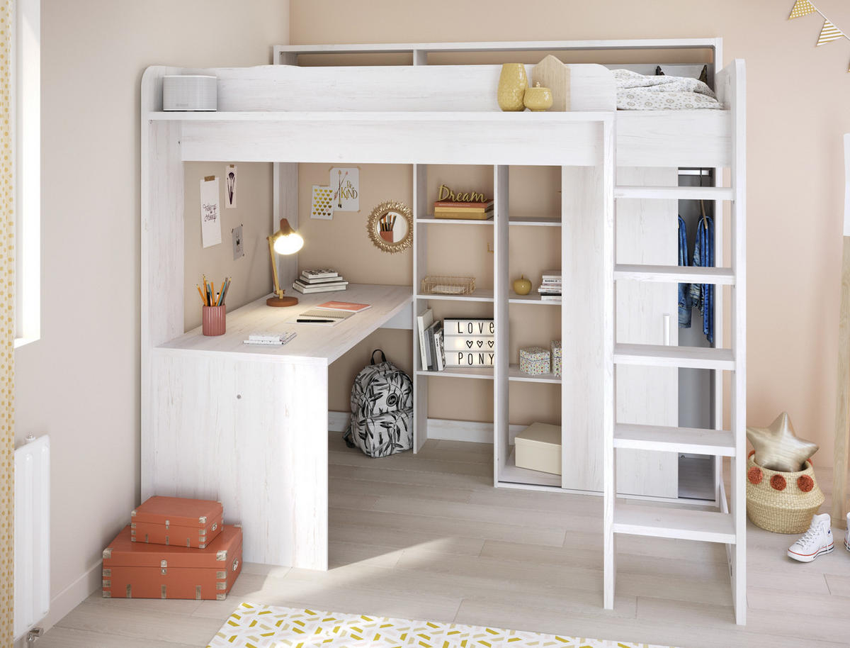 HOCHBETT Higher von Parisot Jugendbett 90 x 200 cm in Kiefer Hell komplett Set mit integriertem Schreibtisch und Kleiderschrank - Grau, Holzwerkstoff (90/200cm) - Calicosy