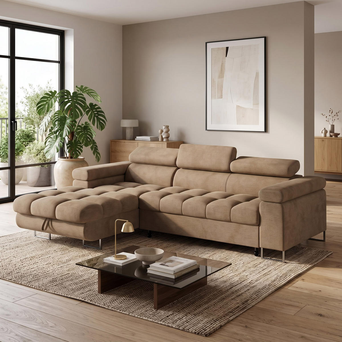 ECKSOFA CLOUD Links Hellrosa L-Form Velours-Stoff mit Schlaffunktion und Bettkasten - Chromfarben/Pink, Holz/Metall (235/275cm) - Barchello