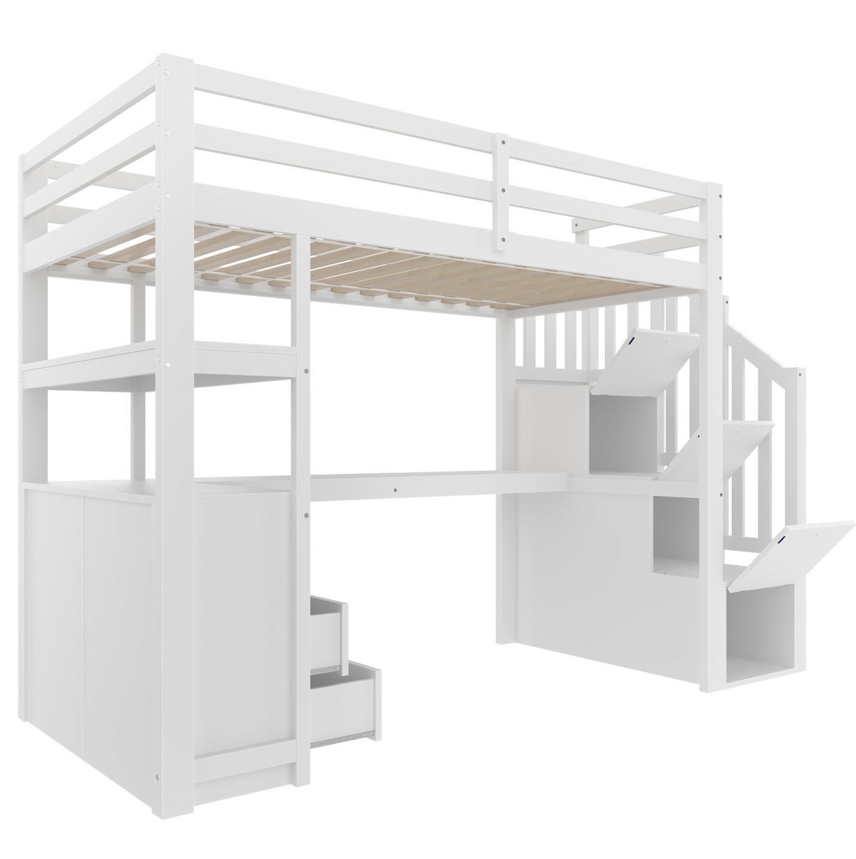 HOCHBETT mit Schreibtisch 90/200 cm in Weiß – mit Stauraumtreppe und Schubladen - Weiß, Holz (90/200cm) - BEAOK