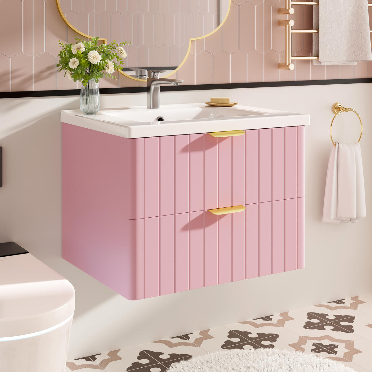 WANDMONTIERTER Waschtisch mit Keramikbecken 60.5x47.5x47cm Rosa-Weiß,2 Ebenen - Rosa, Holzwerkstoff (60.5/47/47.5cm) - Modfu