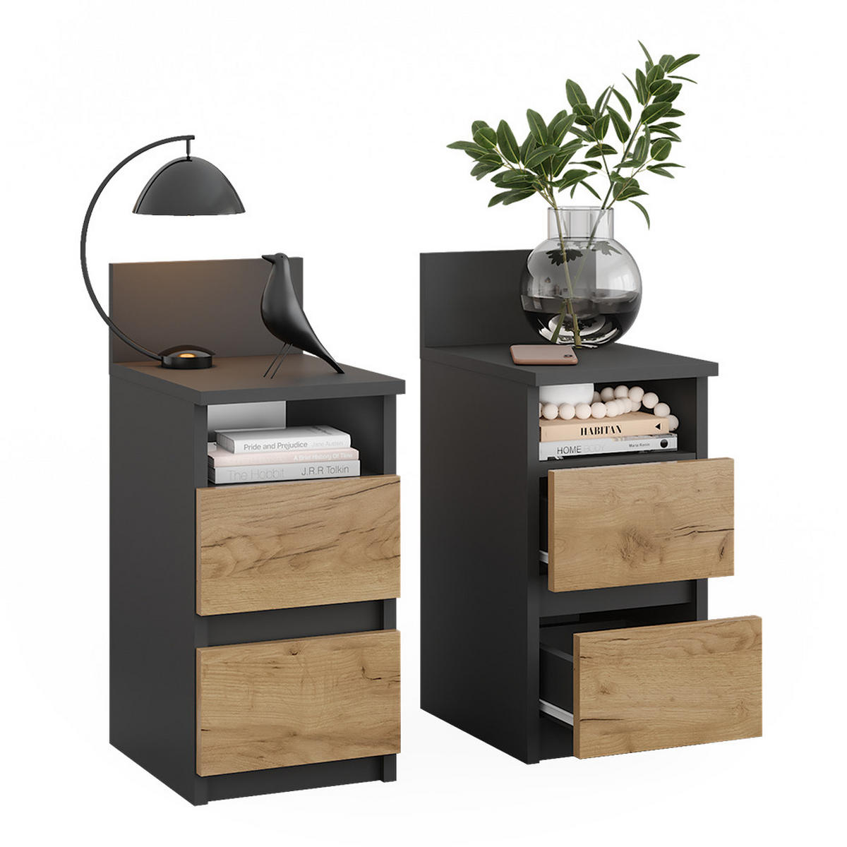 NACHTTISCH Monty Anthrazit/Goldkraft Eiche 25 x 59.1 cm 2er Set - Honigeiche/Anthrazit, Holzwerkstoff (25/59.1/32.3cm) - Vicco