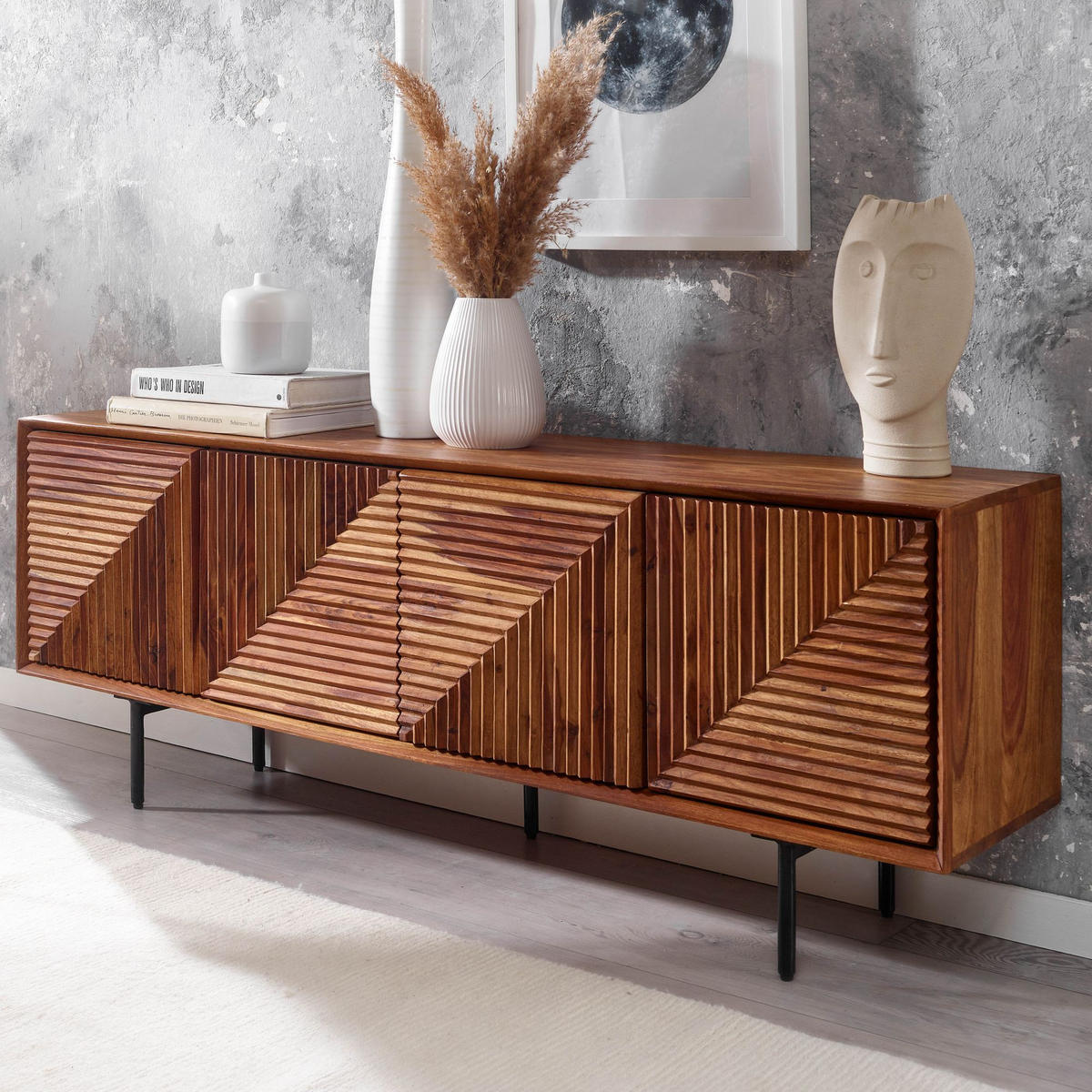 LOWBOARD Massivholz Modern Stil Modell Spectrum mit 3D-Oberfläche und Edelstahl-Gestell - Schwarz/Braun, Holz/Metall (140/54/33cm) - KADIMA DESIGN