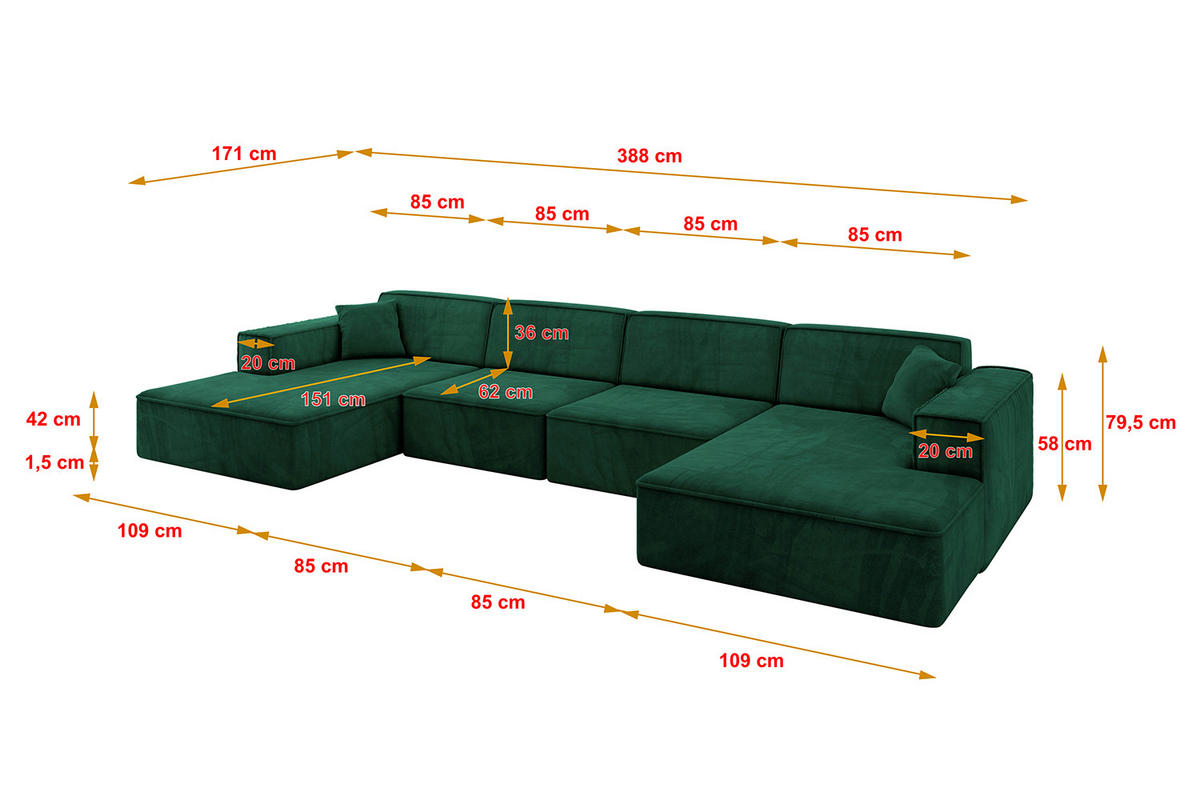 WOHNLANDSCHAFT IREA-U2-v4 - 388x171x79 cm Grün - Dunkelgrün, Holzwerkstoff/Textil (388/79/171cm) - ALTDECOR