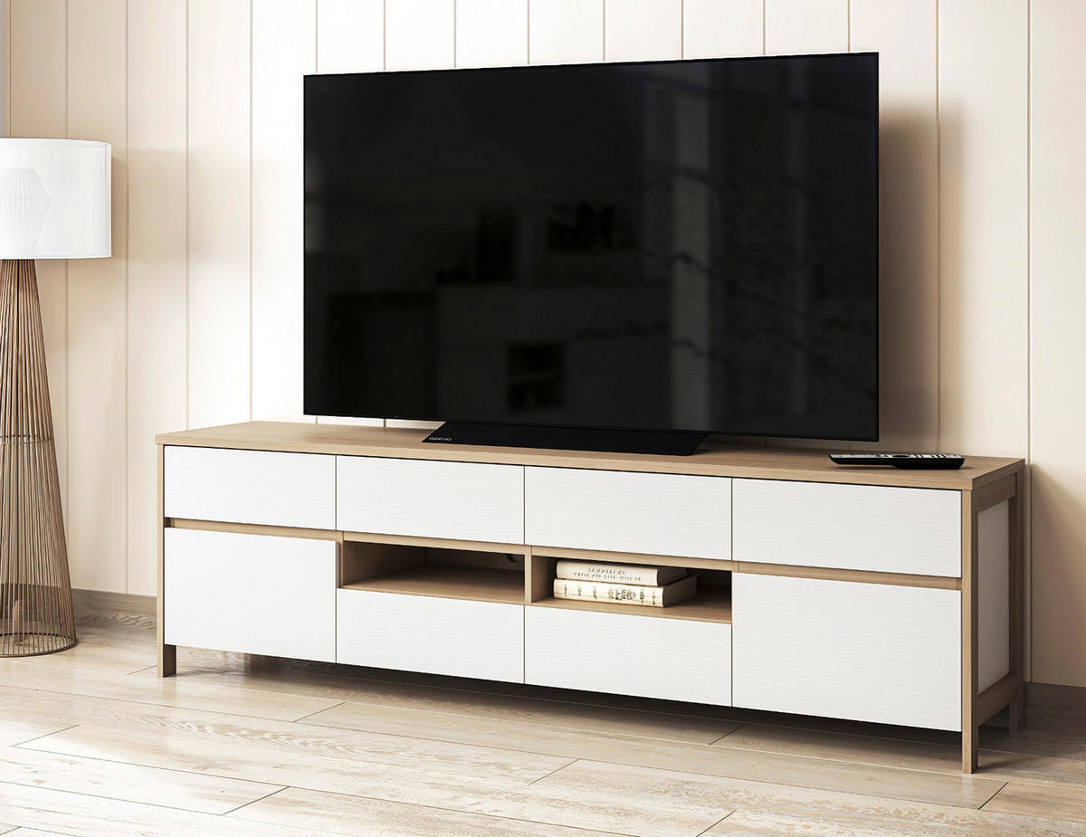 TV-LOWBOARD weiß, Eiche, TV Unterteil skandinavisch 193 cm, Soft-Close, Finnes - Eichefarben/Weiß, Holzwerkstoff/Metall (193/58/39cm) - Furn.Design