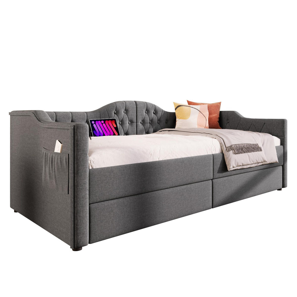POLSTERBETT 90/190 cm Grau mit USB- und Type-C-Anschlüssen und 2 Schubladen - Grau, Textil (90/190cm) - OKWISH