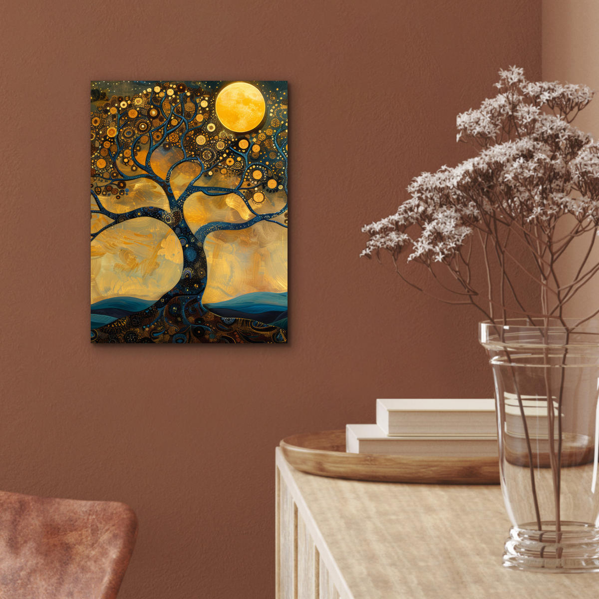 KOVOVÝ OBRAZ Strom - Mesiac - Kvety - Zlato - Umenie 30x40 cm - oranžová, kov (30/40cm) - MuchoWow