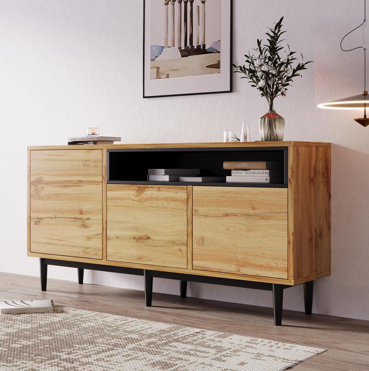 SIDEBOARD z MDF, 160/35/76 cm, v dekoru přírodního dřeva, se 3 dvířky a policemi - přírodní, kompozitní dřevo (160/76/35cm) - Modenvie