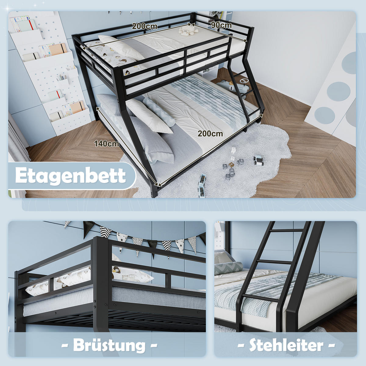ETAGENBETT 90x200cm + 140x200cm Schwarz Metall EN747 zertifiziert - Schwarz, Metall (140/200cm) - FLIEKS