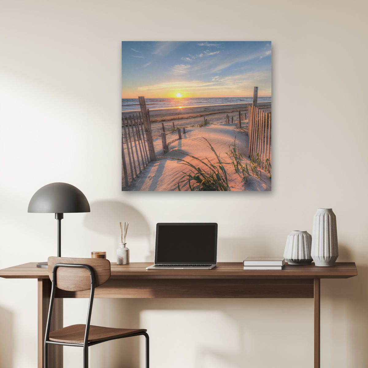 AKUSTIKBILD Strand - Meer - Düne - Sonnenuntergang - Landschaft Akustikpaneele 80x80 cm - Beige, Kunststoff (80/80/0.9cm) - MuchoWow