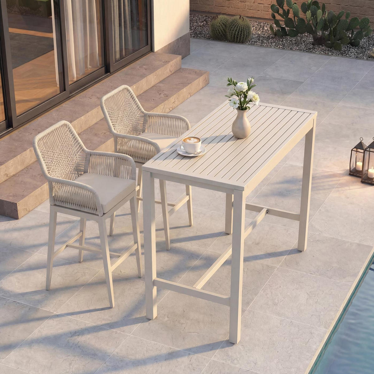 SET BARSKA MIZA + BARSKI STOLI pravokotni Bež 3-delni set - bež, kovina (65/130/105cm) - MCW