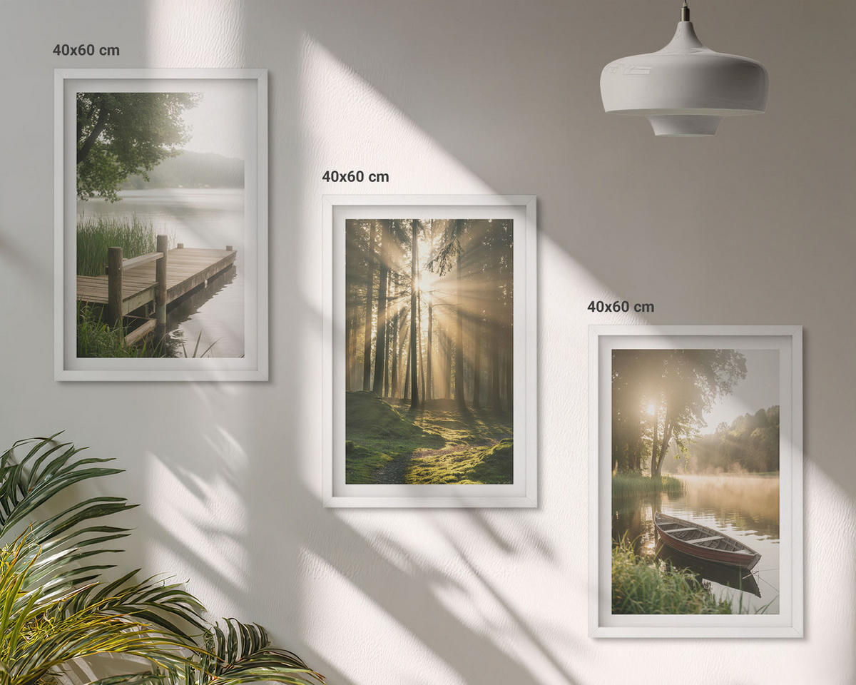 BILDER SET 3er Set - 40x60 cm Weißer Rahmen - See, Wald, Boot, Morgennebel - Weiß, Kunststoff (40/60cm) - TULUP