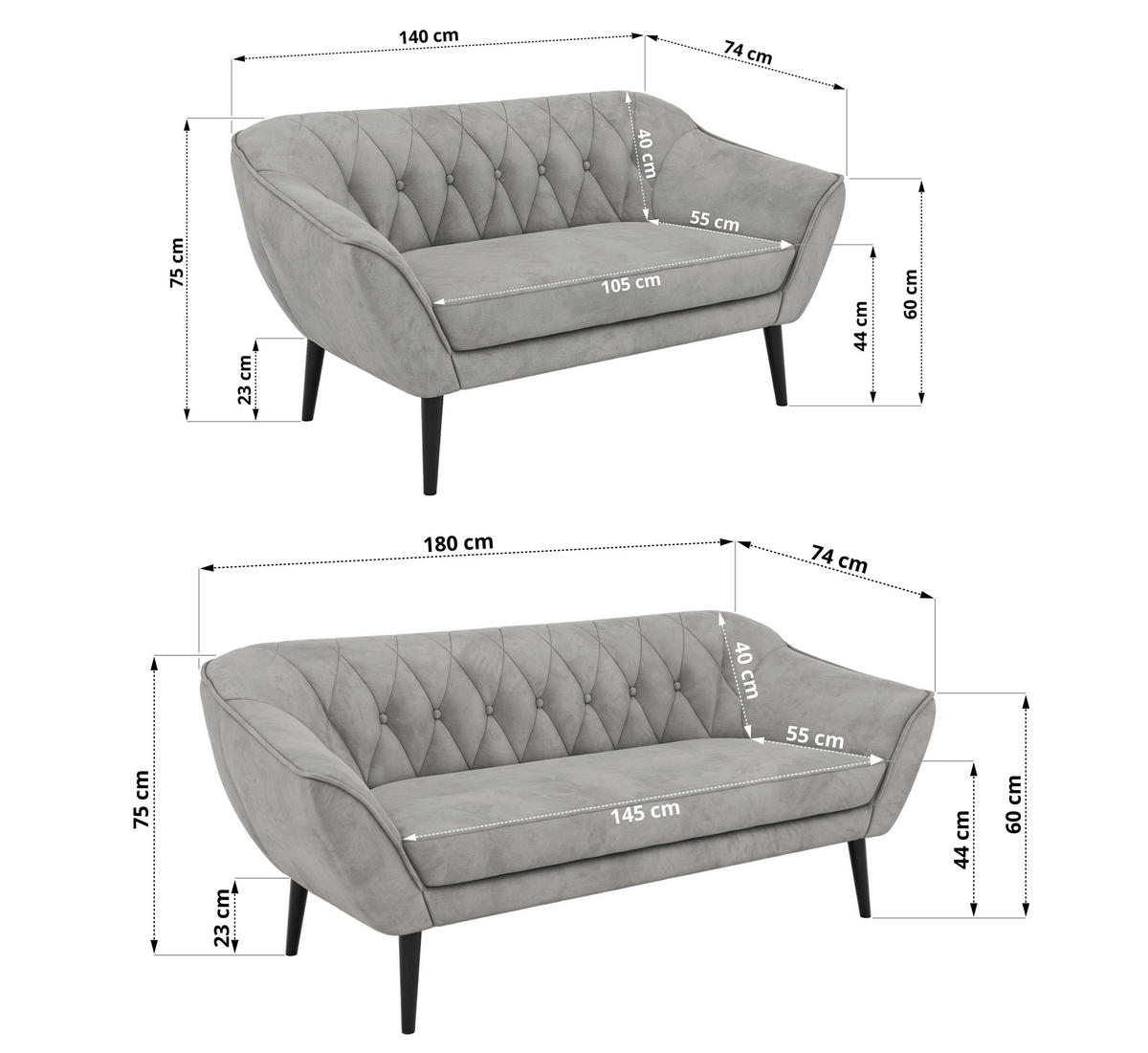 SEDACÍ SOUPRAVA 3+2 PIRS - Světle šedá Samet - Černé nohy - černá/světle šedá, kompozitní dřevo/textil (180/75/74cm) - MKS