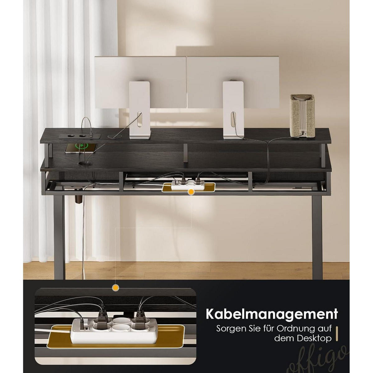 SCHREIBTISCH höhenverstellbar elektrisch mit Schubladen 120 cm Schwarz - Schwarz, Metall (54/120/78.5cm)