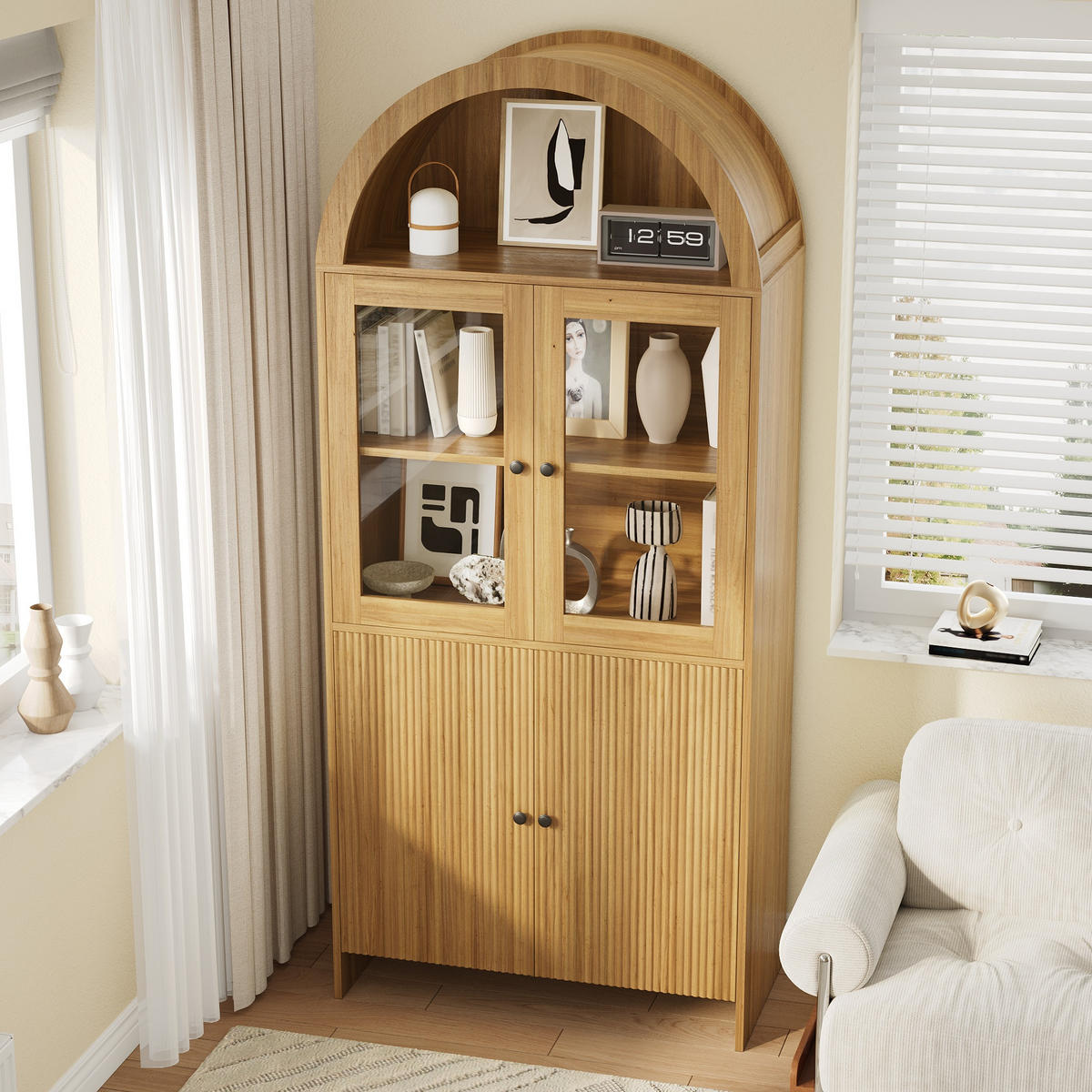 SIDEBOARD Bogen Glas Vitrine Wellenmuster - Naturfarben, Holzwerkstoff (78/176/40cm) - Fortuna Lai