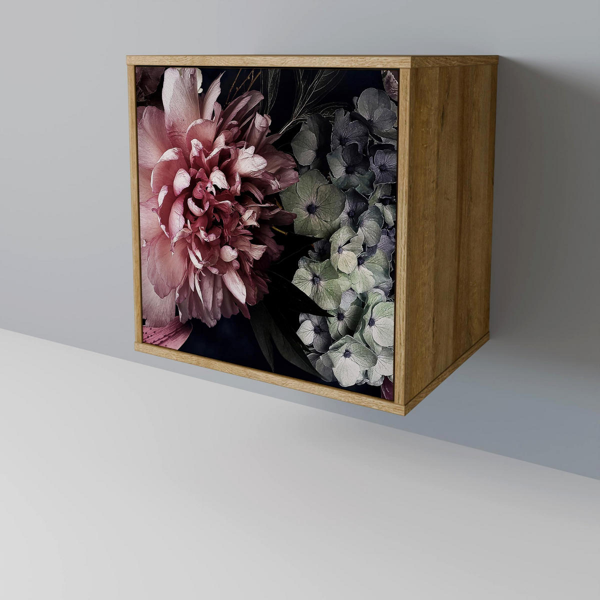 SIDEBOARD PURE BLOSSOM, Eichefarben, 57,5x42x70,5 cm, Schwarze Metall-Sternfüße - Eichefarben/Multicolor, Holzwerkstoff/Metall (57.5/70.5/42cm) - SpaceRebels
