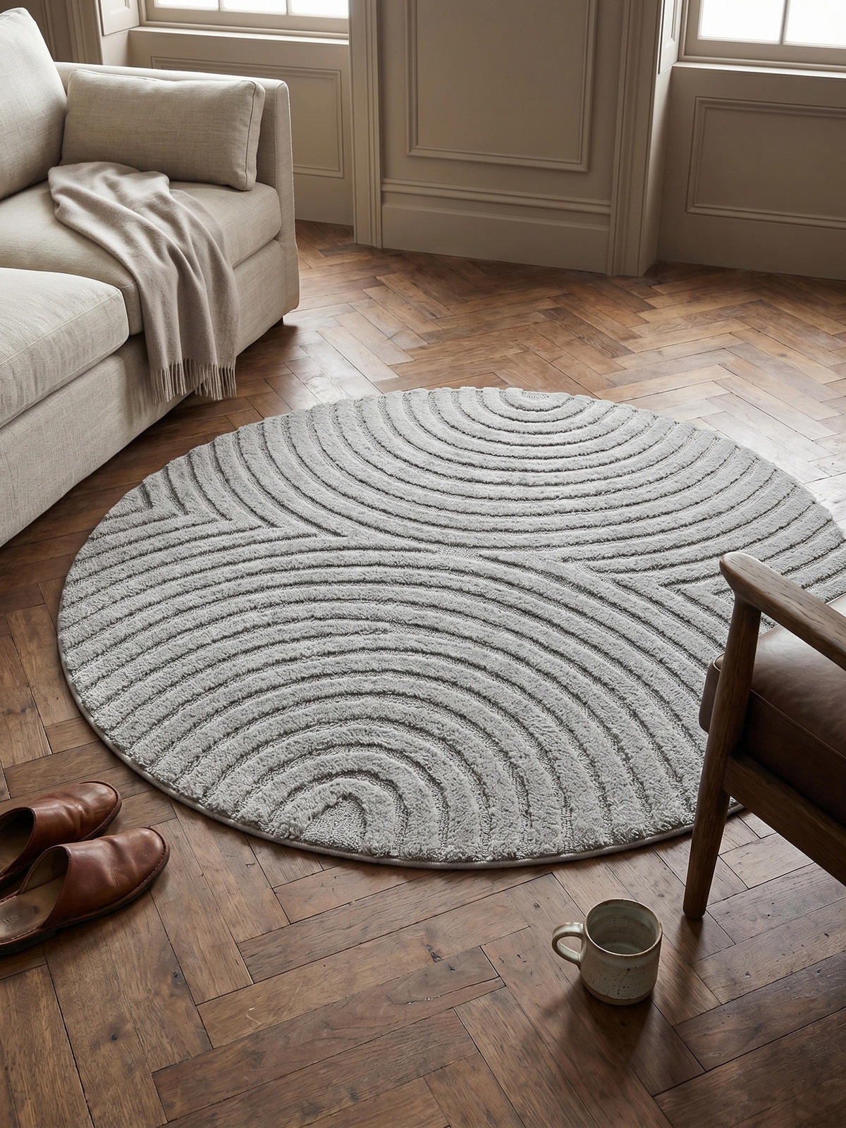 TEPPICH Wohnzimmer Hoch-Tief 3D-Effekt Organische Bögen mit 3D-Effekt OEKO-TEX 3D-Relief Boho Rund Silber 200x200 – RIGI - Silberfarben, Textil (200/200cm) - KADIMA DESIGN