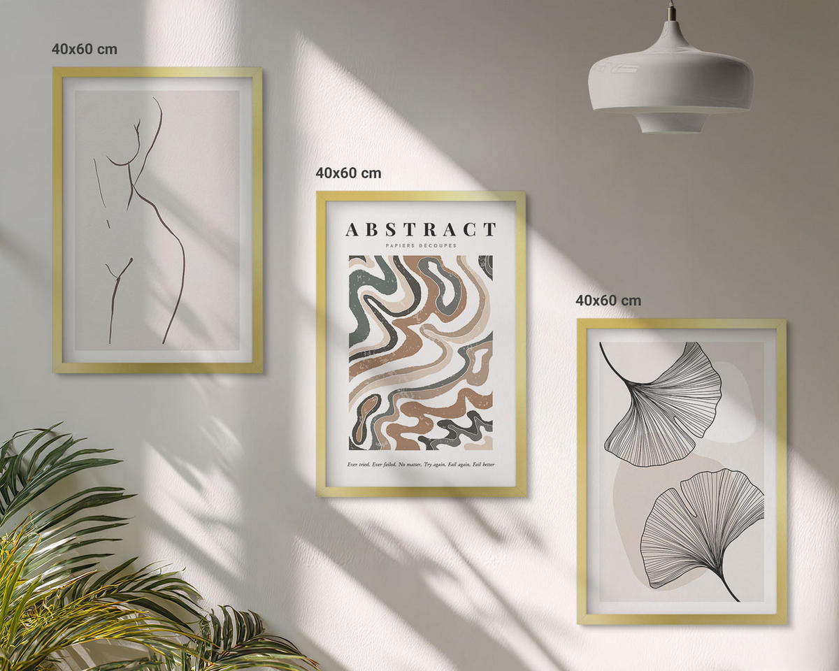 WANDBILDER 3er Set - 40x60 cm Goldrahmen - Abstrakte Boho-Musterformen - Goldfarben, Kunststoff (40/60cm) - ArtPrintCave