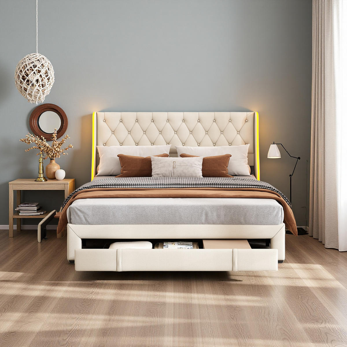 POLSTERBETT 160x200 Beige Samt 3 Schubladen - Beige, Metall (160/200cm) - SHOPENTRA