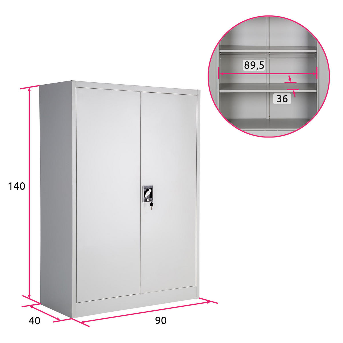 AKTENSCHRANK ,140 x 90 x 40 cm,grau - Grau, Metall (90/140/40cm) - tectake