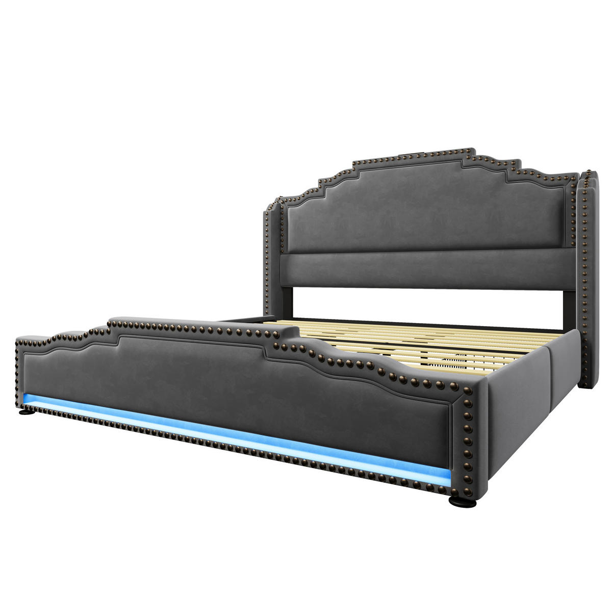 POLSTERBETT 180/200 cm aus Samt mit 4 Schubladen, LED und USB-/USB-C-Anschluss, Grau - Grau, Textil (180/200cm) - Redom