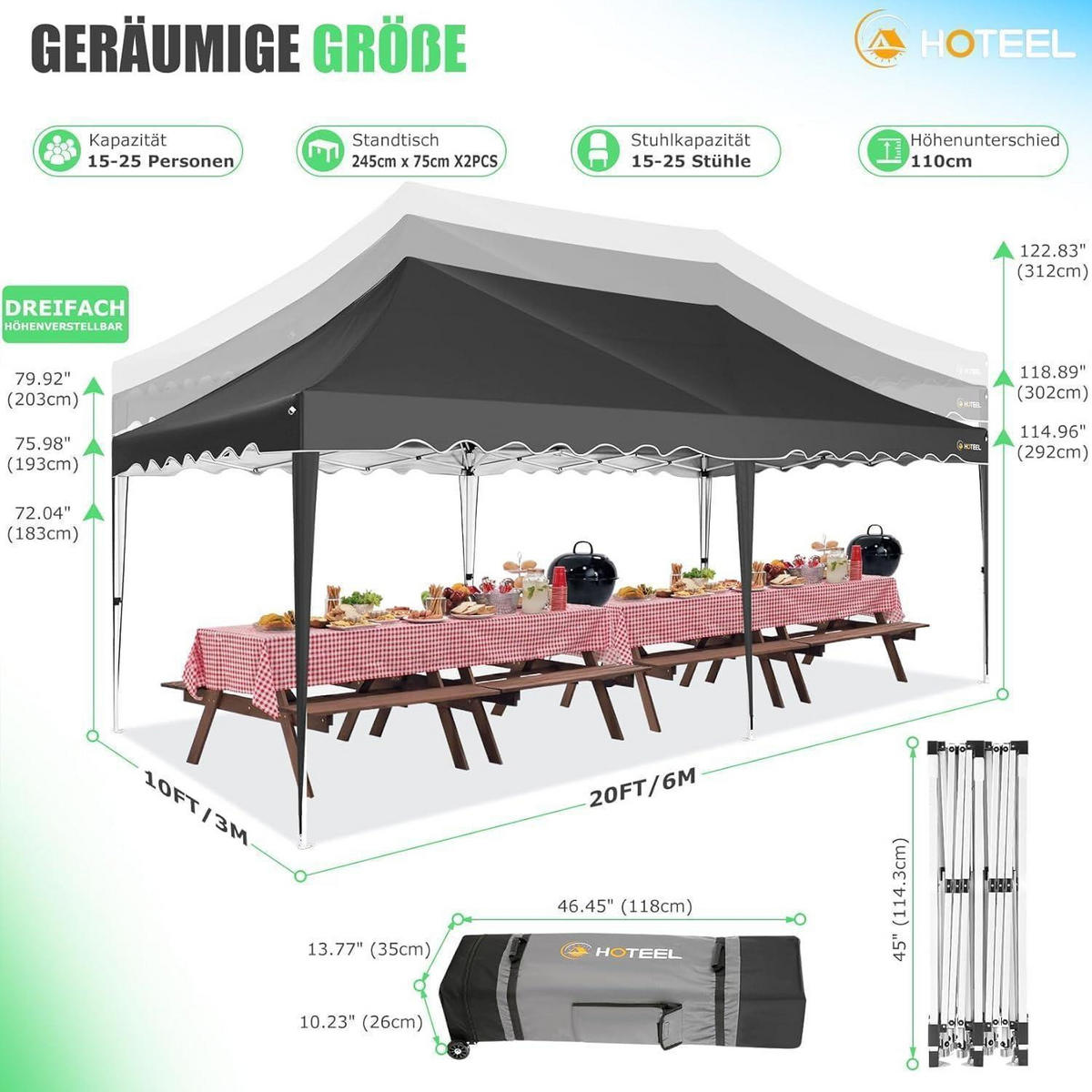 FALTPAVILLON 3x6m Wasserdicht UV50+ Schwarz mit Seitenwänden - Schwarz, Textil (300/203/600cm)