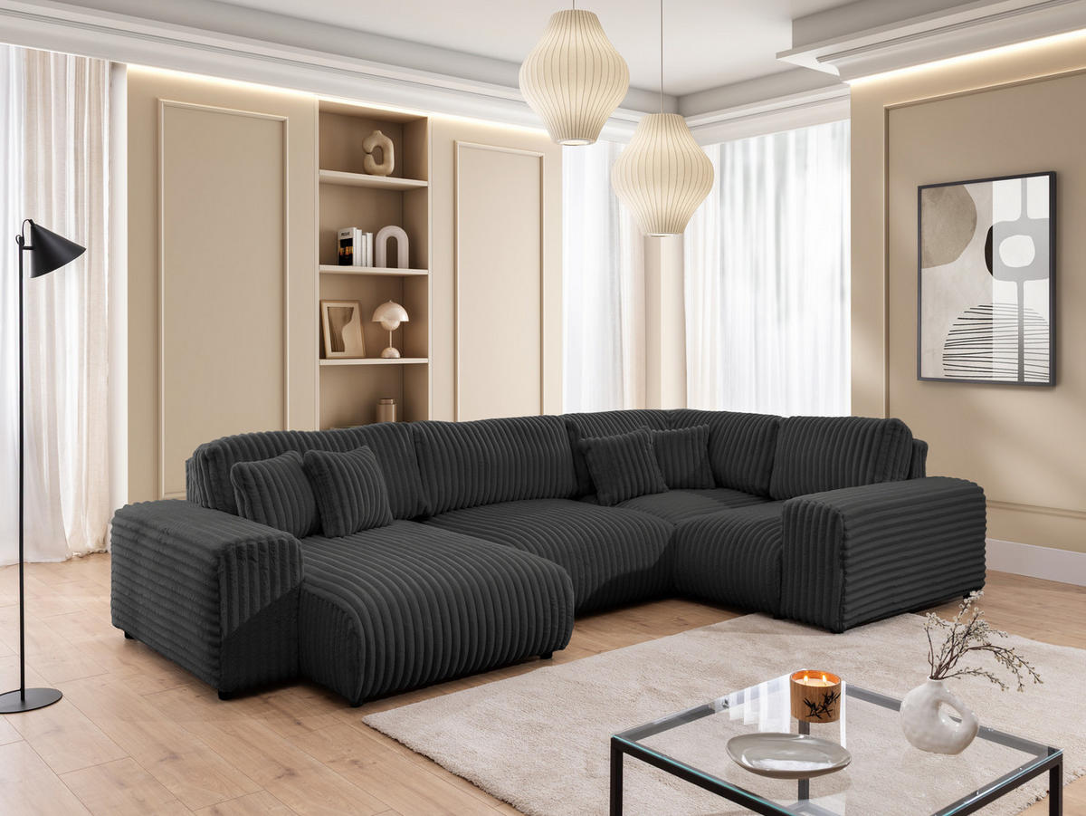 WOHNLANDSCHAFT Mollis Dunkelgrau Plüschcord im XXL-Format - Ottomane Links - Dunkelgrau/Schwarz, Holz/Kunststoff (316/77/194cm) - S-Style Möbel
