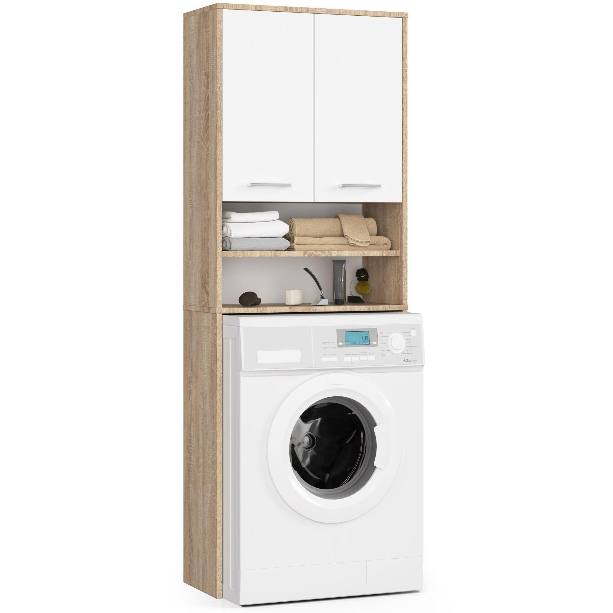 WASCHMASCHINENSCHRANK Sonoma Eiche, Weiß 64x30x180 cm - Silberfarben/Weiß, Holzwerkstoff/Kunststoff (64/180/30cm) - Akord