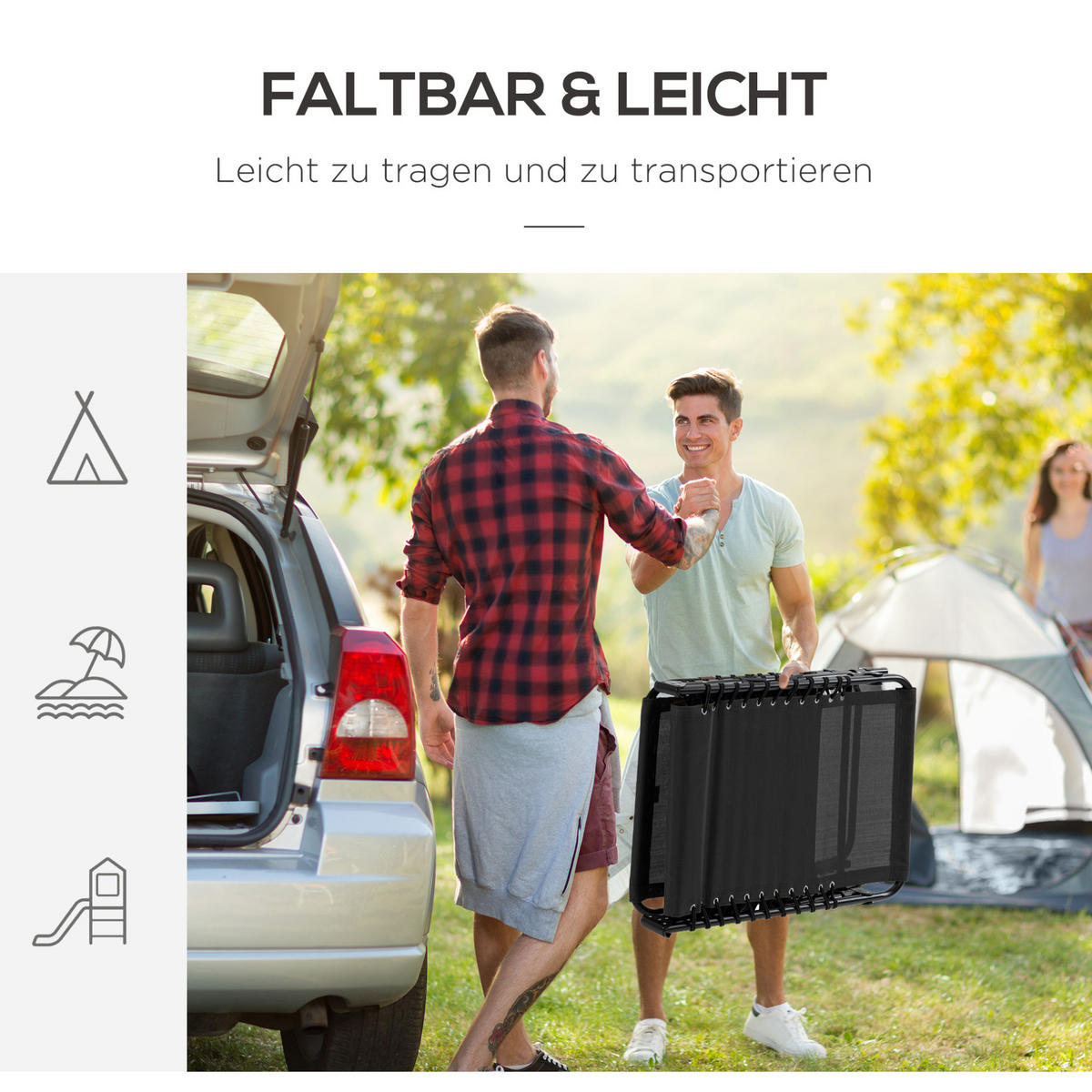 SONNENLIEGE aus Stahl 185x58x30 cm in Schwarz mit Kopfkissen & Seitentasche - Schwarz, Metall (58/30/185cm) - Modfu