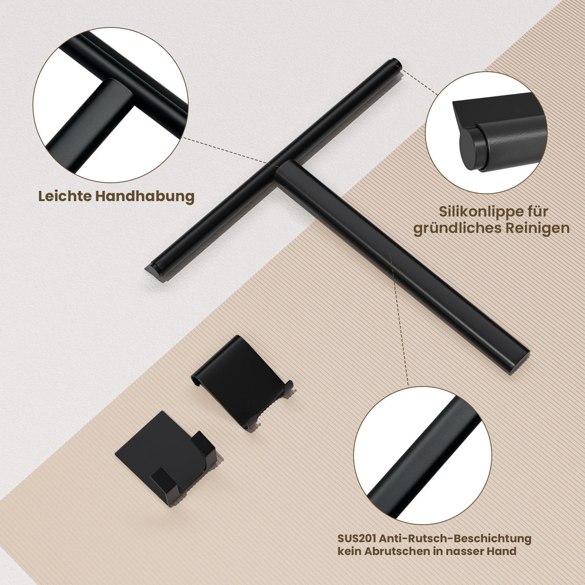 DUSCHABZIEHER mit Doppelhaken 21,5/22,5 cm - Schwarz, Kunststoff (21/22/4cm) - EMKE