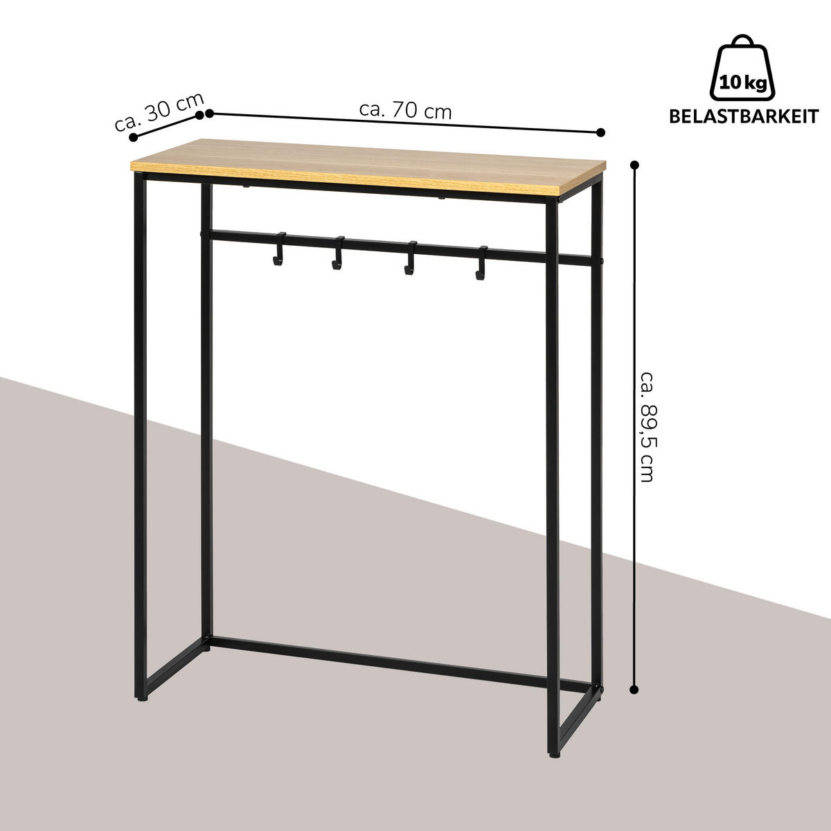 KONSOLENTISCH mit Holzablage, schwarz - Schwarz, Metall (30/70/89.5cm) - eluno