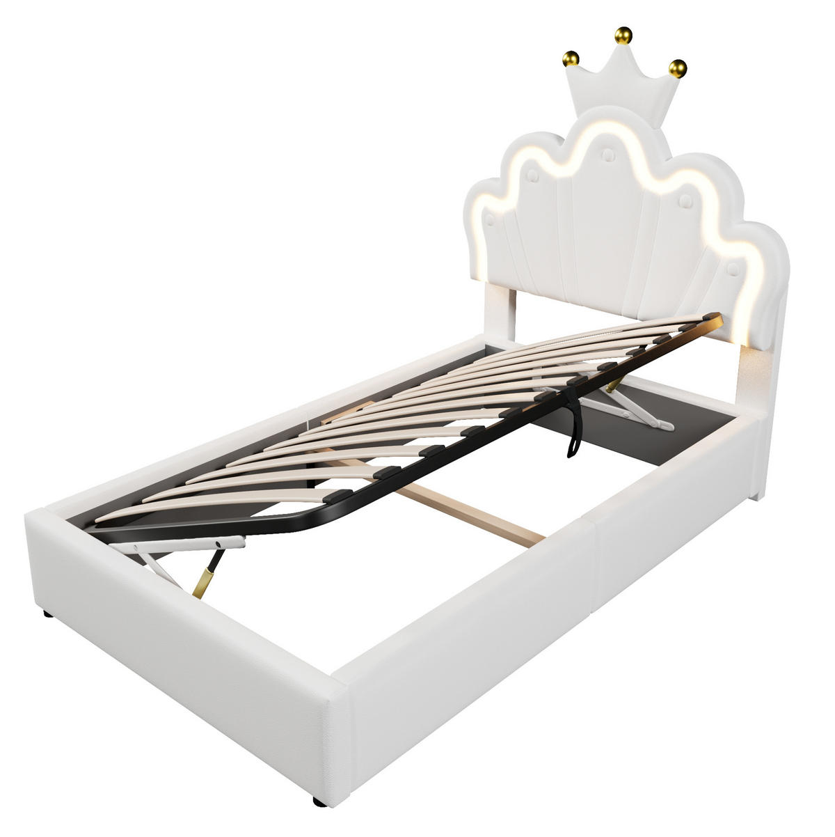 POLSTERBETT mit Bettkasten 90x200 cm PU Weiß mit LED-Lichtband - Weiß, Metall (90/200cm) - Meubliv