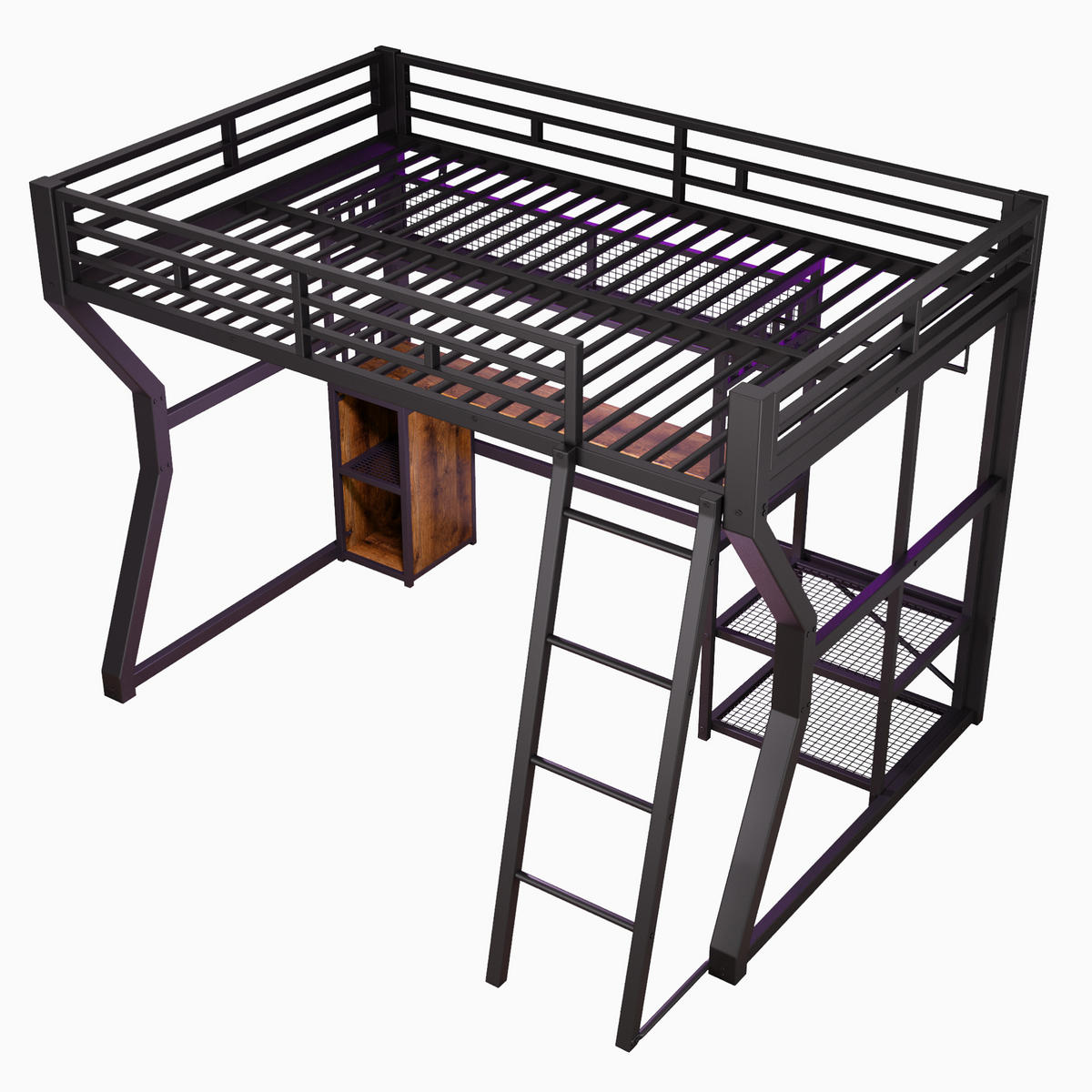 HOCHBETT 140/200 cm mit Lichtleiste, Steckdose, Schreibtisch, Staufächern - Schwarz, Metall (140/200cm) - MIVRAY