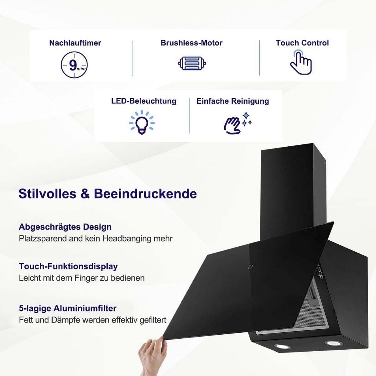 DUNSTABZUGSHAUBE Kopffreihaube, ABLUFT UND UMLUFT, TOUCH CONTROL, Glas Schwarz, Für Moderne Küchen, 60 cm - Schwarz, Metall (42/48.5/62cm) - Rolipo