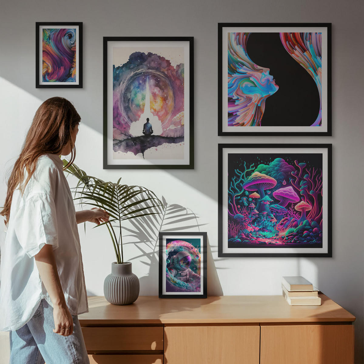 WANDBILDER 5er-Set - 50x50 cm & 20x30 cm & 40x60 cm Schwarzer Rahmen - Farbenfrohe Fantasy-Kunstillustrationen - Schwarz, Kunststoff (40/60cm) - ArtPrintCave