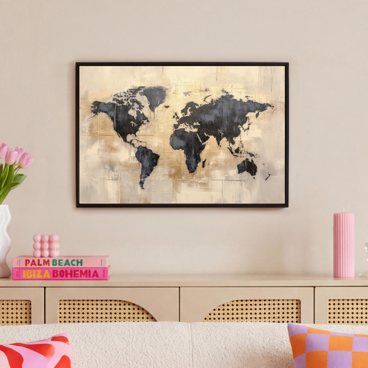 LEINWAND Bilder mit Rahmen - Weltkarte - Gold - Schwarz - Abstrakt - 60x40 - Kupferfarben, Textil (60/40cm) - MuchoWow