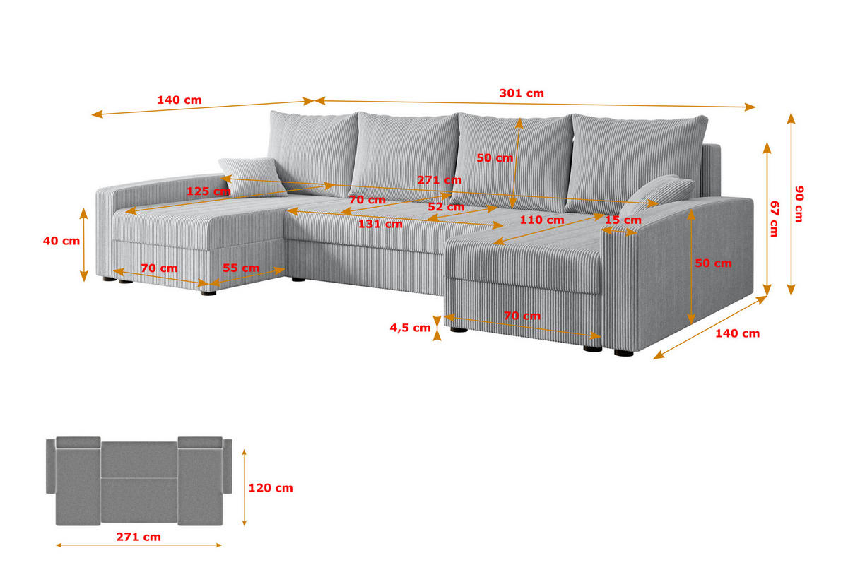 WOHNLANDSCHAFT mit Schlaffunktion und Bettkasten ALESIA-U 301x140x90 cm Grau Cord - Silberfarben/Grau, Holzwerkstoff/Kunststoff (301/90/140cm) - ALTDECOR