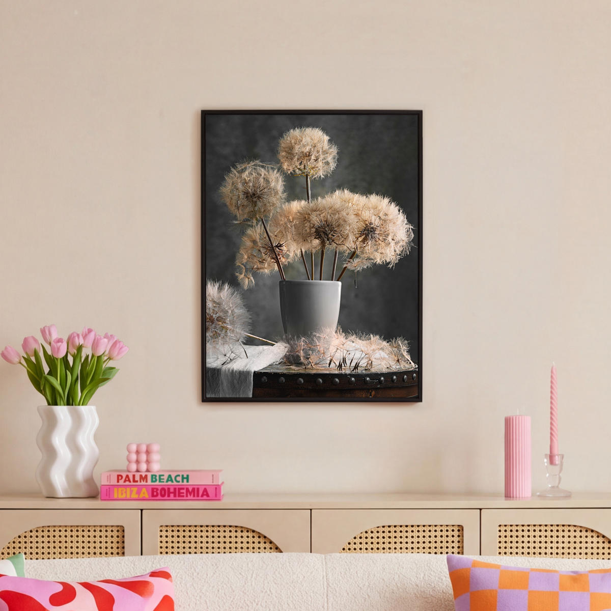 LEINWAND Bilder mit Rahmen - Blumensamen - Löwenzahn - Vase - Stilleben - Blumenstrauß - 50x70 - Dunkelgrau, Textil (50/70cm) - MuchoWow