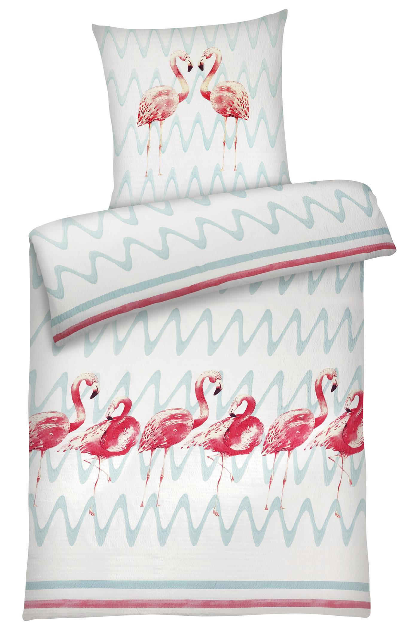 SEERSUCKER-BETTWÄSCHE 135x200 Flamingo Sommer Bettbezug Bügelfrei aus 100% Baumwolle, Bettbezüge Tier Muster - Multicolor, Textil (135/200cm) - Carpe Sonno