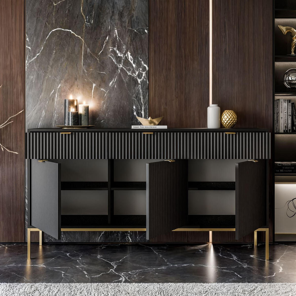 SIDEBOARDS CORTADO GOLD KSZ154 MIT SCHUBLADEN 154 CM SCHWARZ - Schwarz, Holzwerkstoff (154/83/39cm) - Lookway