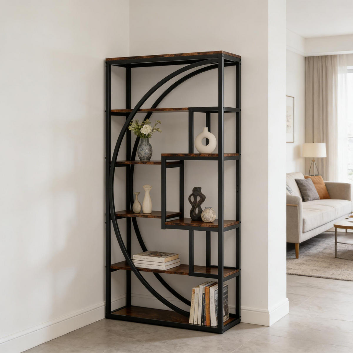 BÜCHERREGAL Schwarz/Rustikalbraun 8 offene Fächer 80/30/180 cm - Schwarz, Metall (80/180/30cm) - PANGIVO