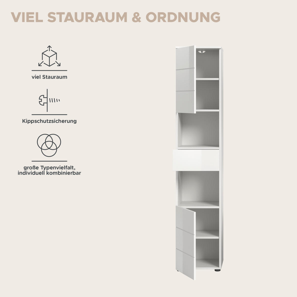 HOCHSCHRANK VIRA (B/H/T: ca. 38/190/34 cm) in weiß/weiß hochglanz - Weiß, Holzwerkstoff (38/190/34cm)