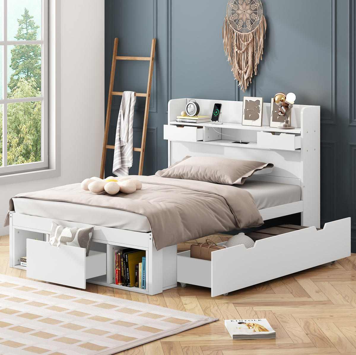 DETSKÁ posteľ 90/190 cm biela s USB, zásuvkami a úložným priestorom z MDF - biela, kompozitné drevo (90/190cm) - OKWISH