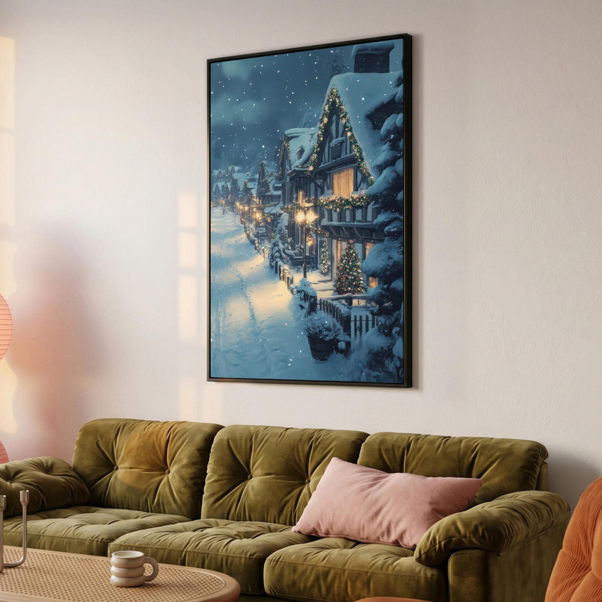 LEINWAND Bilder mit Rahmen - Weihnachtsdorf - Weihnachten - Schnee - Winter - 100x150 - Dunkelblau, Textil (100/150cm) - MuchoWow