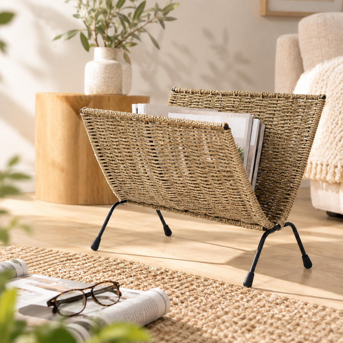ZEITUNGSSTÄNDER Seegras, Metall schwarz - Braun, Naturmaterialien (37/33/22cm) - Homestyle4u