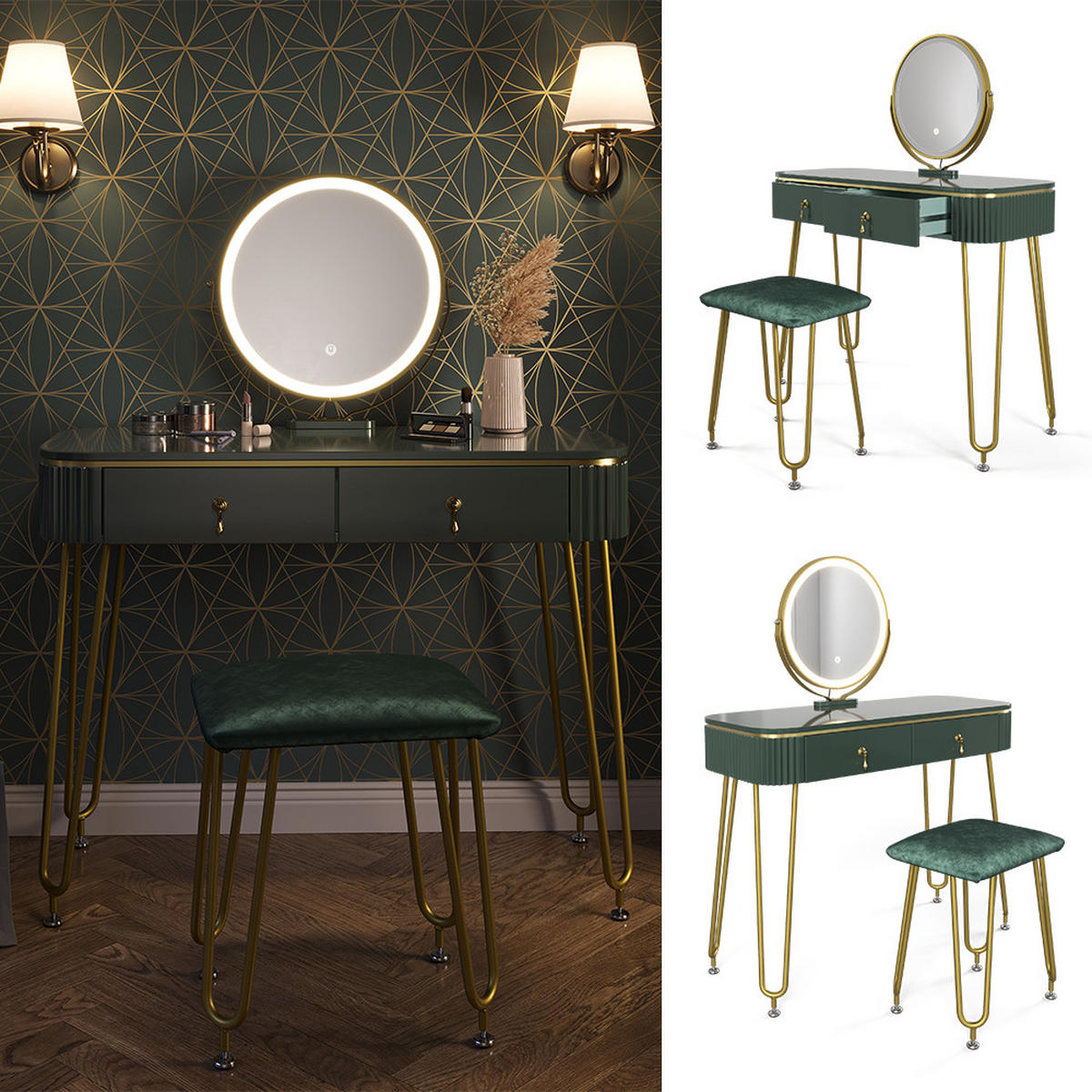 SCHMINKTISCH Grace Dunkelgrün Hochglanz 100 cm mit LED Beleuchtung und Hocker - Dunkelgrün, Holzwerkstoff (100/126/40cm) - Vicco