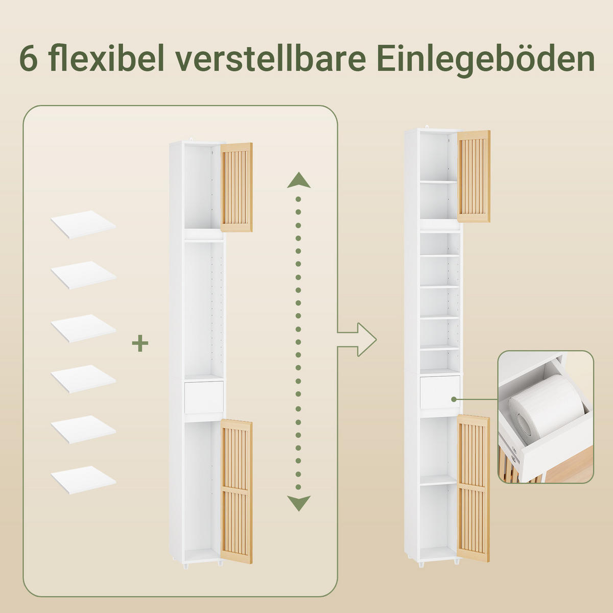 HOCHSCHRANK aus Holz, Schmal Weiß, 20x20x180cm, 20 cm breit, 6 Böden, für Bad & WC - Weiß/Naturfarben, Holzwerkstoff (20/180/20cm) - SoBuy