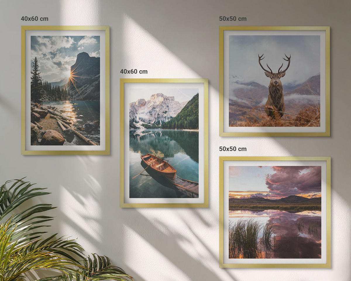 BILDER SET 4er Set - 50x50 cm & 40x60 cm Goldrahmen - Bergsee, Bootsfahrt, Sonnenuntergang, Hirsche - Goldfarben, Kunststoff (50/50cm) - TULUP