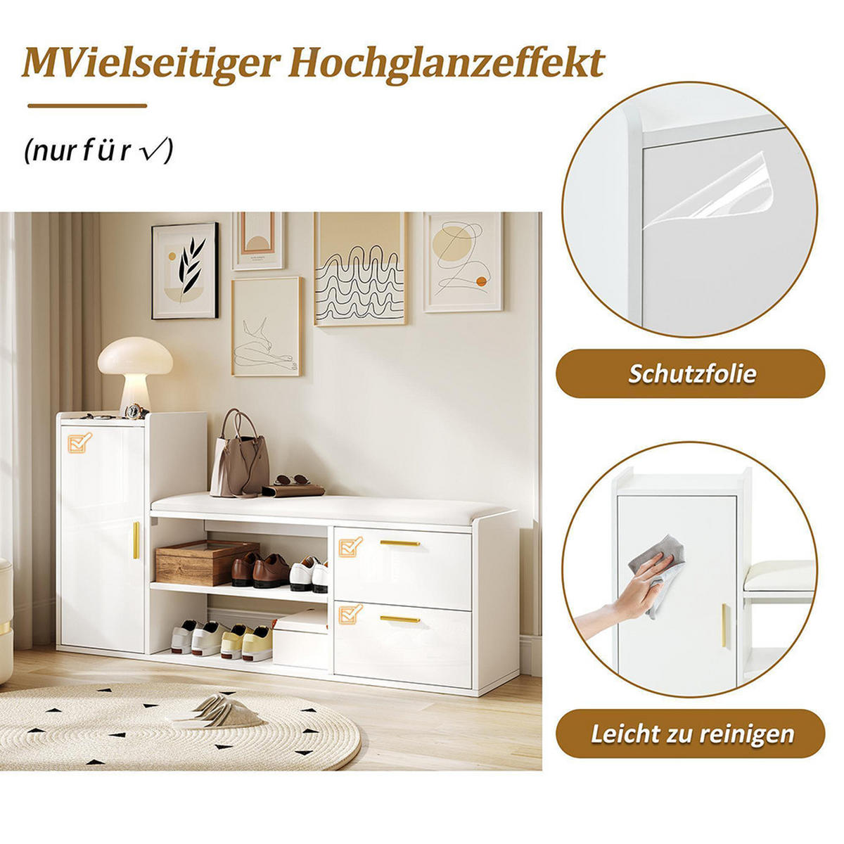 SCHUHBANK in 128x30x68cm mit 2 Schubladen 1 Schrank,Weiß - Weiß, Holzwerkstoff (30/68/128cm) - KOMHTOM